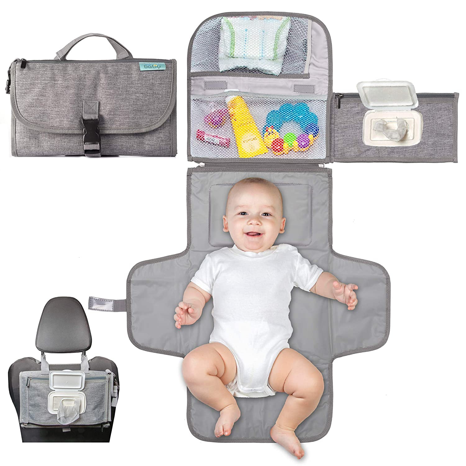 for Infants & Newborns Portable Diaper Changing Pad Diaper Bag Mat Grey & White Pockets for Wipes Foldable Travel Changing Station Stroller Strap Portable Changing Pad Carry Handle