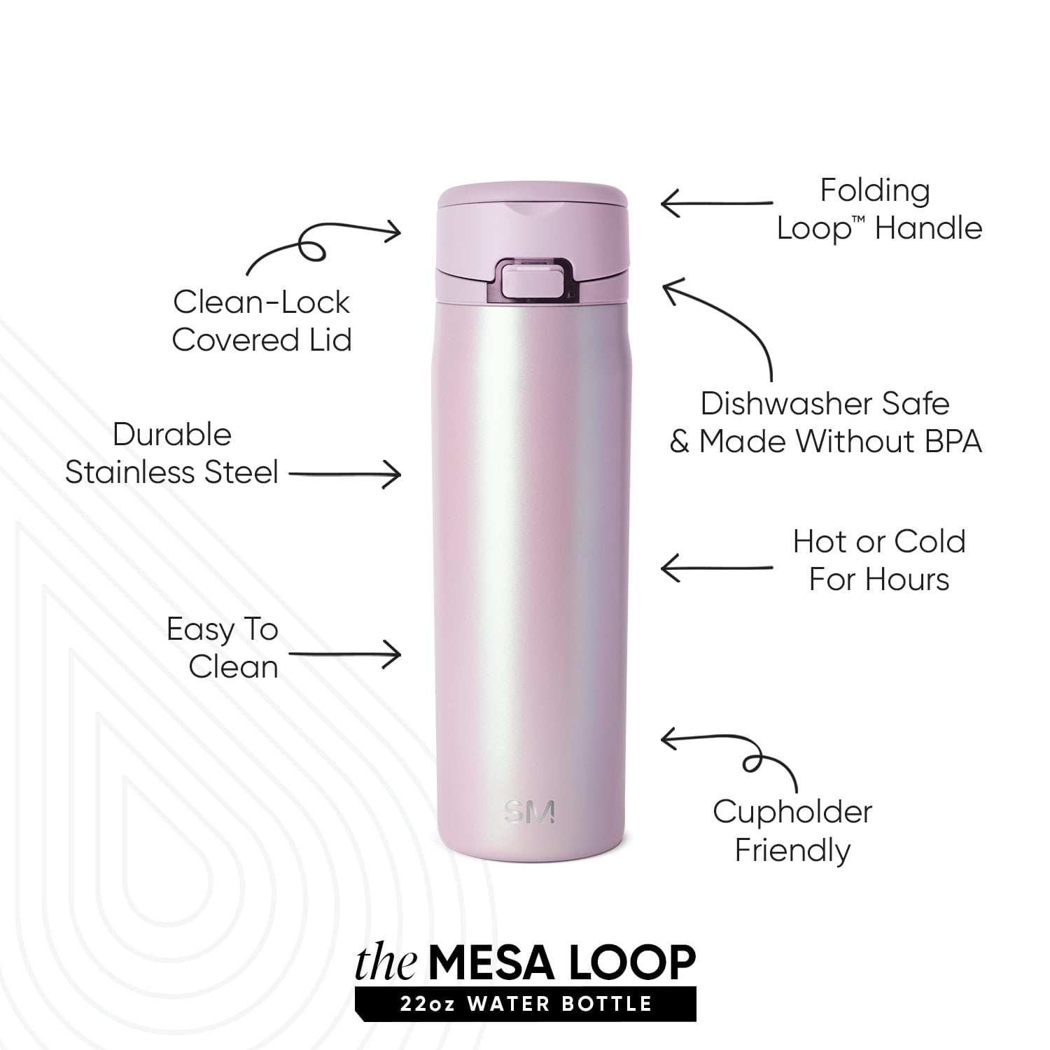 Simple Modern 22 fl oz Insulated Stainless Steel Mesa Loop Water Bottle with Covered Straw|Lavender Mist Pearl