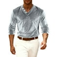 thumbnail image 4 of Dresfit Henley Shirt Mens Velvet Long Sleeve Party Shirts Summer Spring Big and Tall V Neck Tops Button Down Loose Fit Holiday Carnival Pullover Light Gray S, 4 of 5