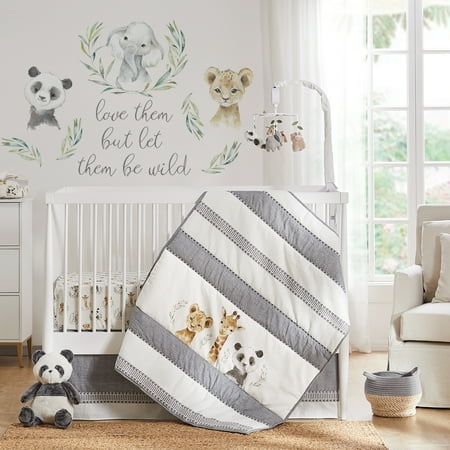 UPC: 0190945127518 | Levtex Baby – Mozambique Crib Bed Set – Baby Nursery Set – Baby Jungle Animals – Grey Taupe Charcoal Green White – 4 Piece Set Includes Quilt  One Fitted Sheet  Wall Decal & Skirt/Dust Ruffle