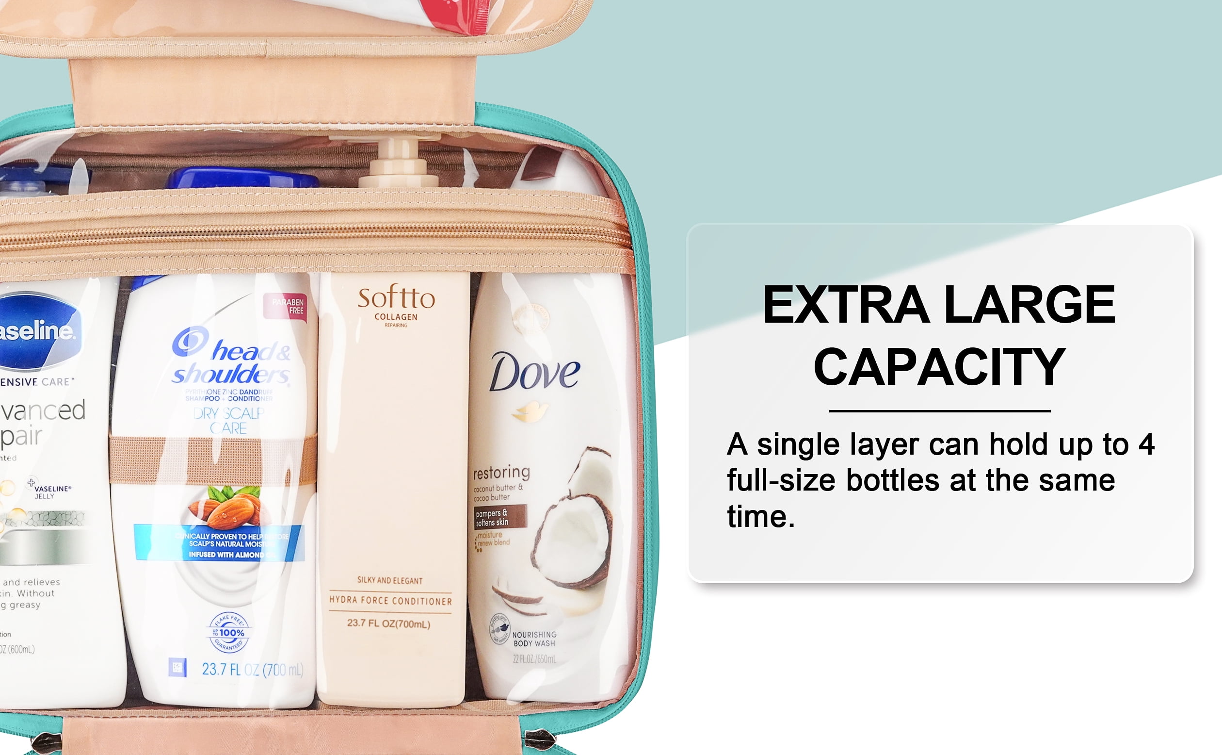Travel Hanging Toiletry Bag for Women, Extra Large Makeup Bag, Holds Full-Size Shampoo, with Jewelry Organizer Compartment, Waterproof Cosmetic Bag, Toiletries Kit Set with Trolley Belt, Blue