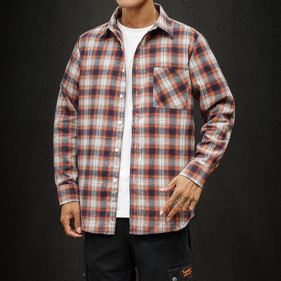 Men Fashion Square Print Lightweight Breathable Long Sleeve Lapel Shirt Orange 4XL