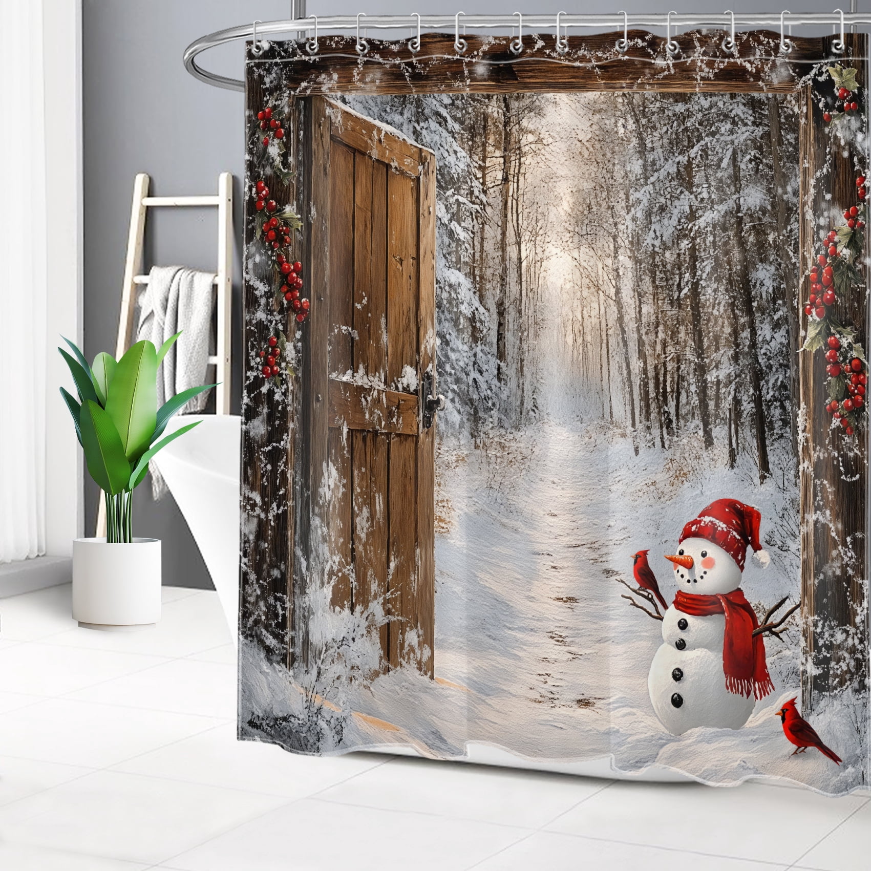 HVEST Rustic Winter Christmas Shower Curtain with Cute Snowman and Winter Snow Forest Design - Farmhouse Barn Door Bathroom Decor, Waterproof Polyester Fabric, Includes 12 Hooks, 72x72 Inches