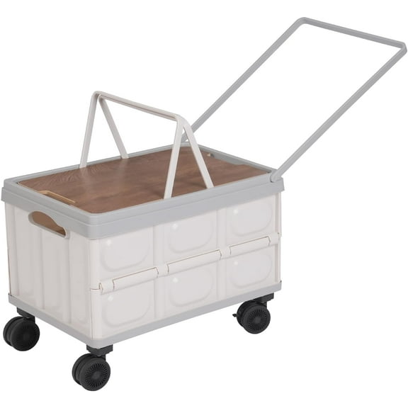 Rolling Foldable Crate with Wheels, Collapsible Rolling Crate with Wooden Cover, Foldable Utility Cart with Wheels