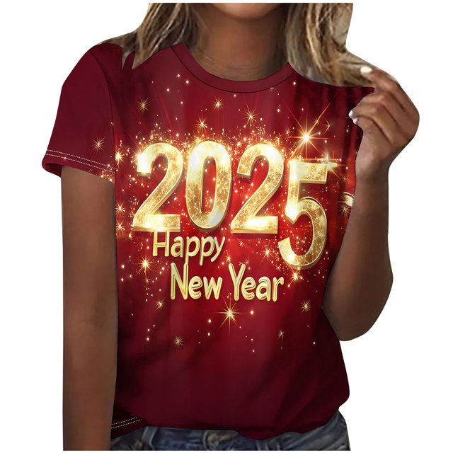 Camisetas Casuales de Mujer Año Nuevo Impreso Suéter de Manga Corta Cuello Redondo, Top de Moda para el Uso Diario