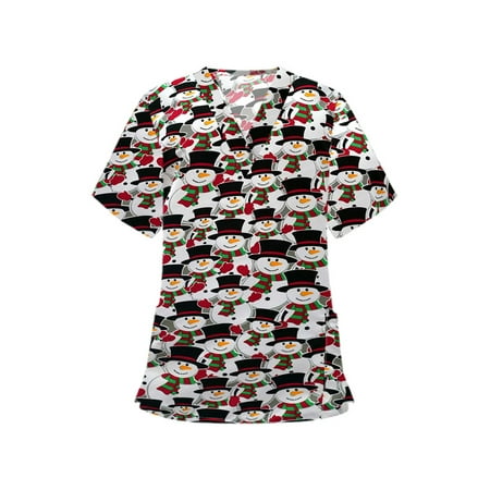 

Women s Christmas Scrubs Tops Nurse Medical Uniform Cartoon Printed V Neck Short Sleeve Shirts