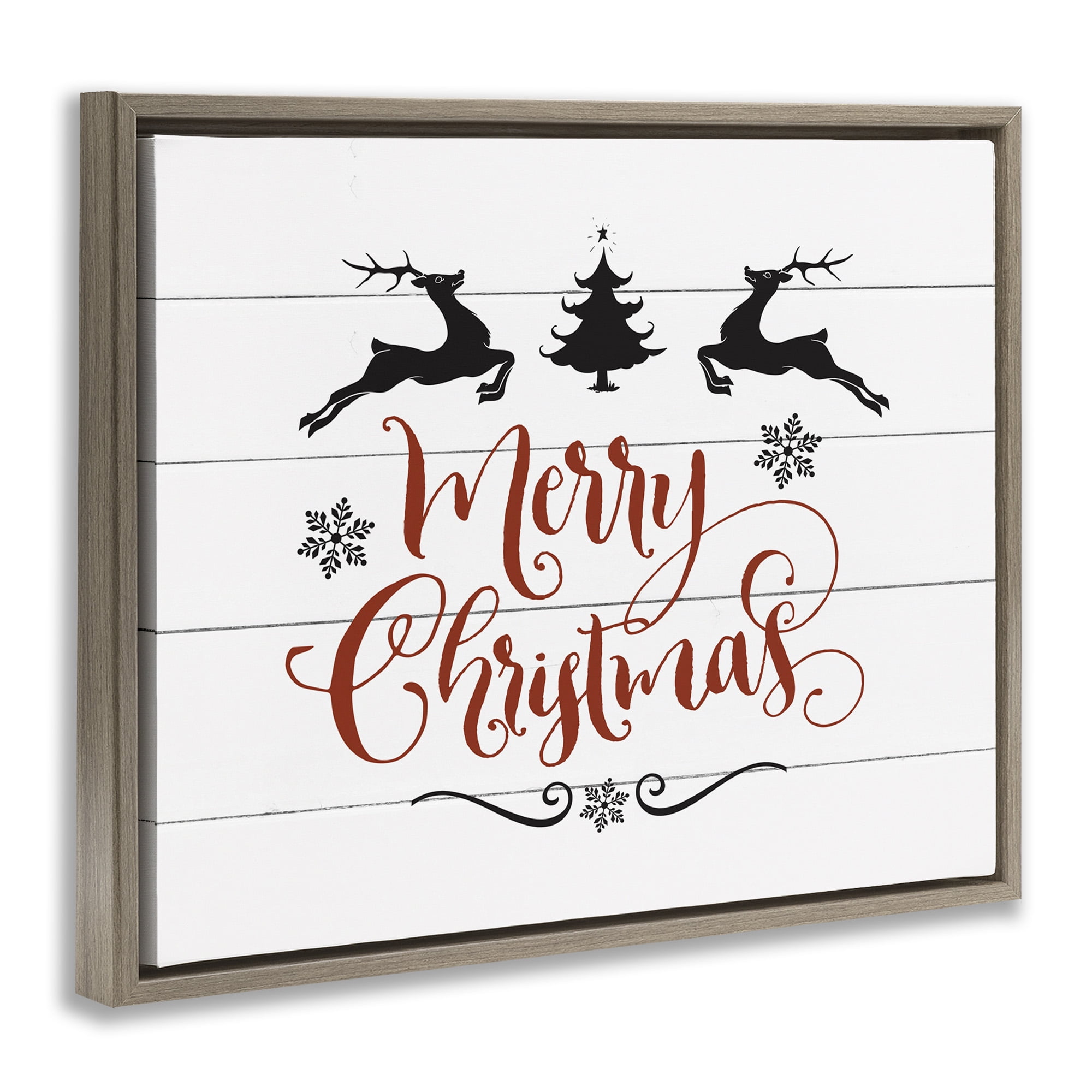 Stupell Industries Merry Christmas with Reindeer Holiday Painting Brown Floater Framed Canvas Art Print Wall Art, 21 x 17