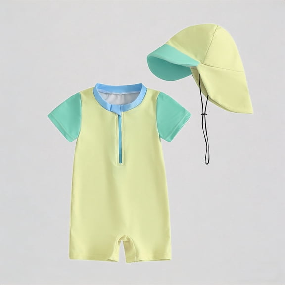 REDARER Toddler Boys Rash Guard Set – Color-Block Short-Sleeve One-Piece & Adjustable Brim Hat, UPF 50 Sun Protection for Beach Pool Summer Water Play,2-3 Years
