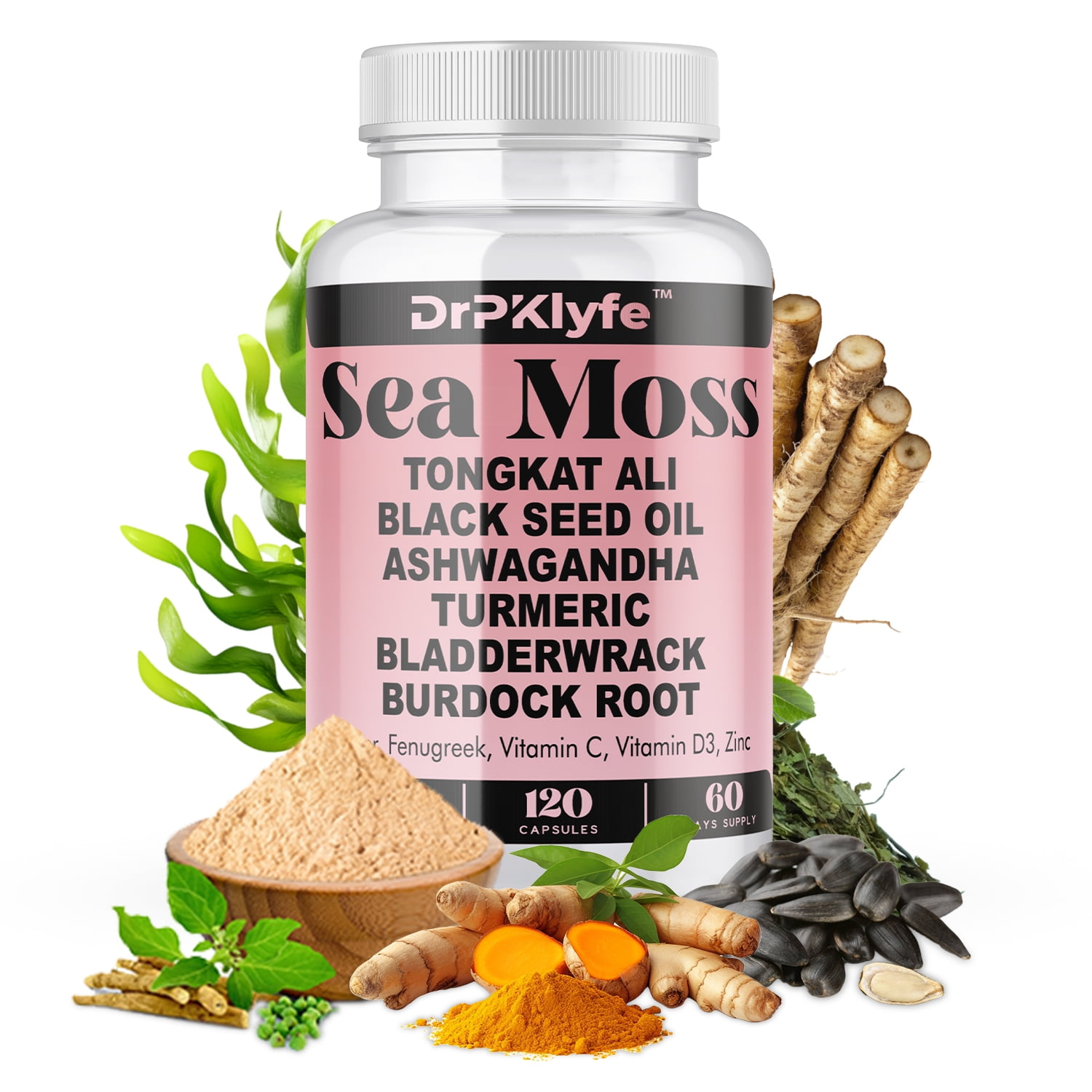 Sea Moss 3000mg Black Seed Oil 2000mg Ashwagandha 2000mg Ginger, Turmeric, Bladderwrack, Burdock Root & More - All in One Supplement 120 Vegan Capsules