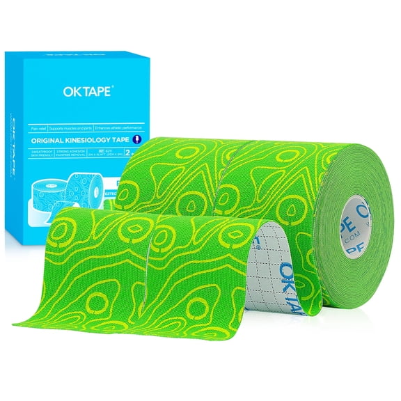 OK TAPE PRO Kinesiology Tape Uncut Roll, Elastic Physical Therapy Athletic Tape for Pain Relief, Muscle Support, Kinetic Tape, Water Resistant, 2in X 16.4ft -Green 2 Rolls