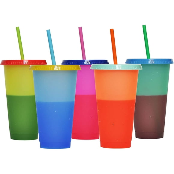 5 Color Changing Cups Blank Cups 24oz Reusable Tumbler with Lids and Straws,BPA Free Reusable Plastic Cold Drink Cups with Lids and Straws, Smoothie Cups,Party Cups,Set Of 5