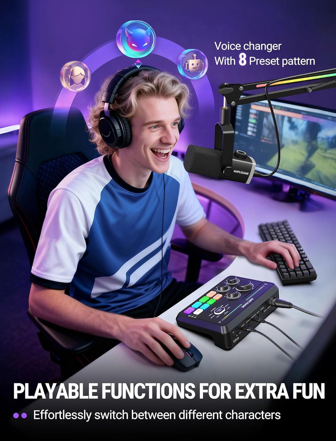 FIFINE WSC8 Gaming Audio Mixer for XLR Microphone, Game and Chat Mix Button with Software, 3 Channel Audio Interface for Volume Control, 48V Power
