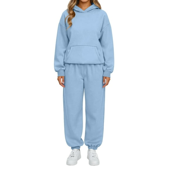 Nokdvo Women Sets 2 Piece Outfits Fall Winter Long Sleeve Casual Hoodie Sweatsuit Ribbed Sweatpants Tracksuit with Pockets,Light Blue 2XL