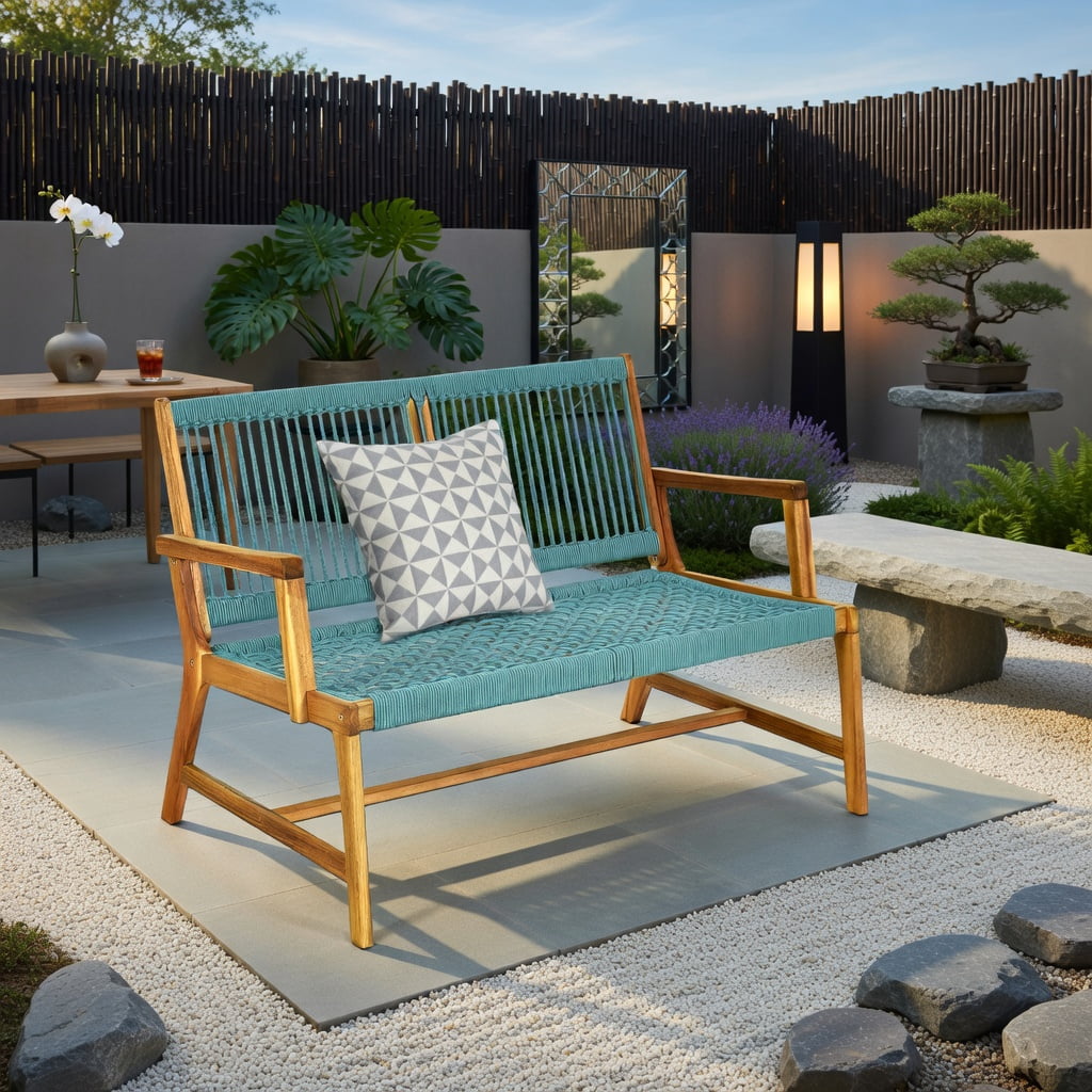 Hommoo 2-Person Acacia Wood Outdoor Bench with Rope Weave Seat, Patio Bench for Backyard, Balcony & Poolside, Turquoise