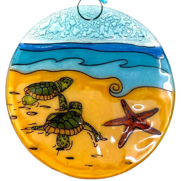Hatching Baby Sea Turtles Christmas Tree Ornament - Art Glass Light Catcher Holiday Decoration