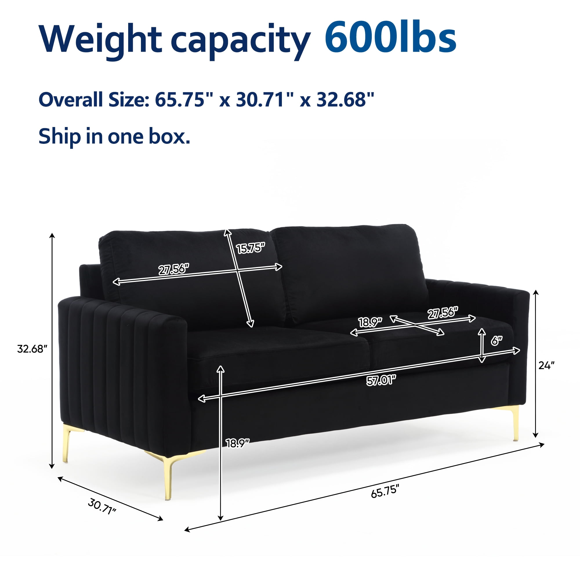 Lunale 65" Loveseat Sofa, Deep Seat Cloud Couch, Modern Velvet Living Room Sofa, Black