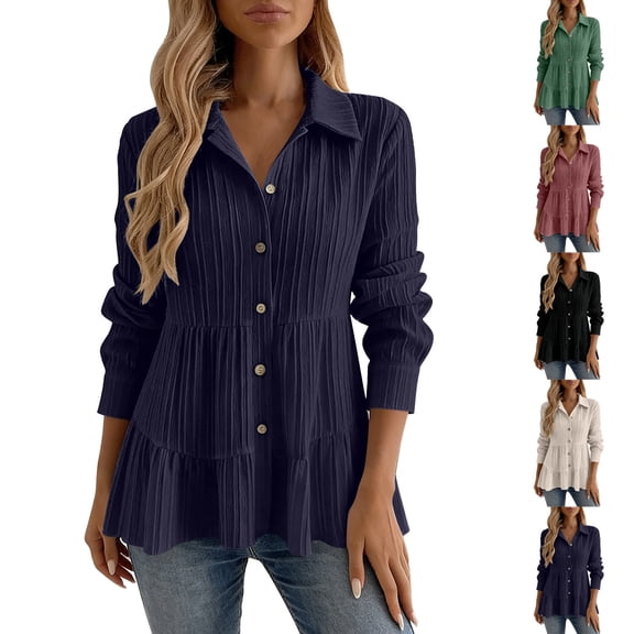 Antqov Button Up Shirt Women, Long Sleeve Solid Color Lapel Pleated Loose Tapered Waist Shirts, Business Fashion Comfy Soft Office Dress Shirt Work Blouse