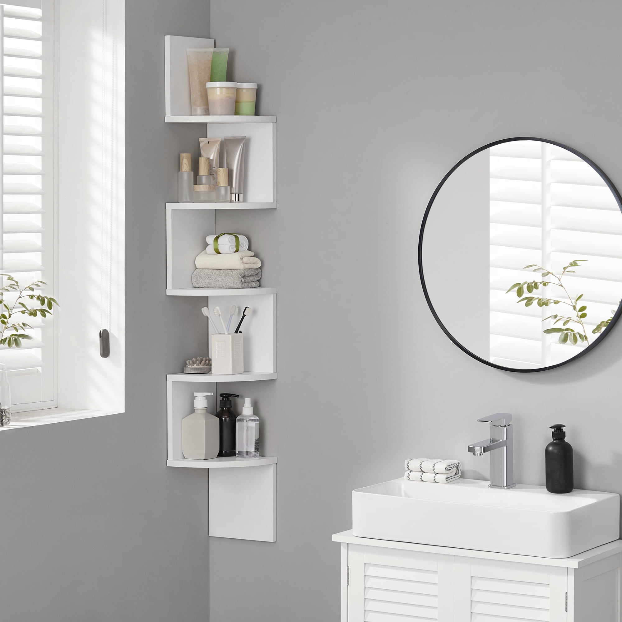 Corner Shelf Wall Mount 5-Tier Floating Corner Bookshelf Plant Shelf for Bedroom Living Room Bathroom Home Office White