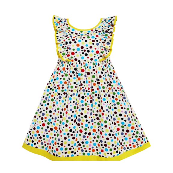 Girls Dress Polka Dot Overlap Design With Trim Yellow 4