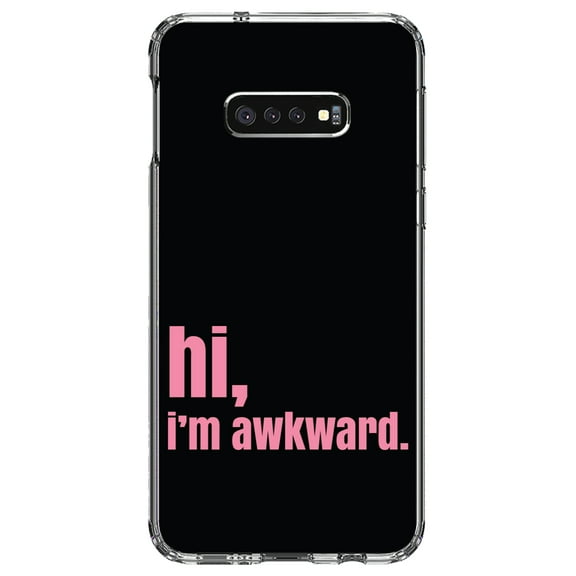 DistinctInk Clear Shockproof Hybrid Case for Samsung Galaxy S10e (5.8" Screen) - TPU Bumper, Acrylic Back, Tempered Glass Screen Protector - Black Pink "hi, I'm awkward."