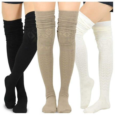Teehee Women's Fashion Extra Long Cotton Thigh High Socks - 3 Pair