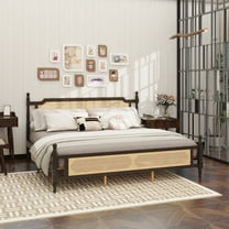 King Pine wooden Bed with Rattan Headboard and Footboard, with Central Enhanced Bed Platform ,Espresso