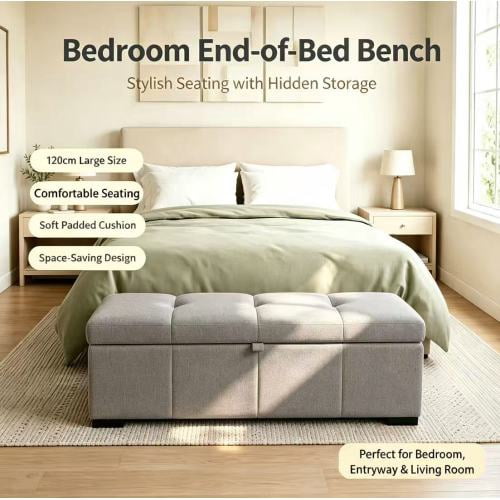 Upholstered Rectangular Storage Ottoman Bench, End of Bed Bench with Hidden Storage, Multi-Use Footrest & Shoe Stool for Bedroom, Living Room, Entryway, Gray