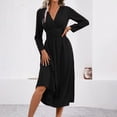 thumbnail image 6 of Guieoi Womens Dresses Long Sleeve Solid-Color High-Waisted Pleated V-Neck Dress Midi Dress Black L, 6 of 8
