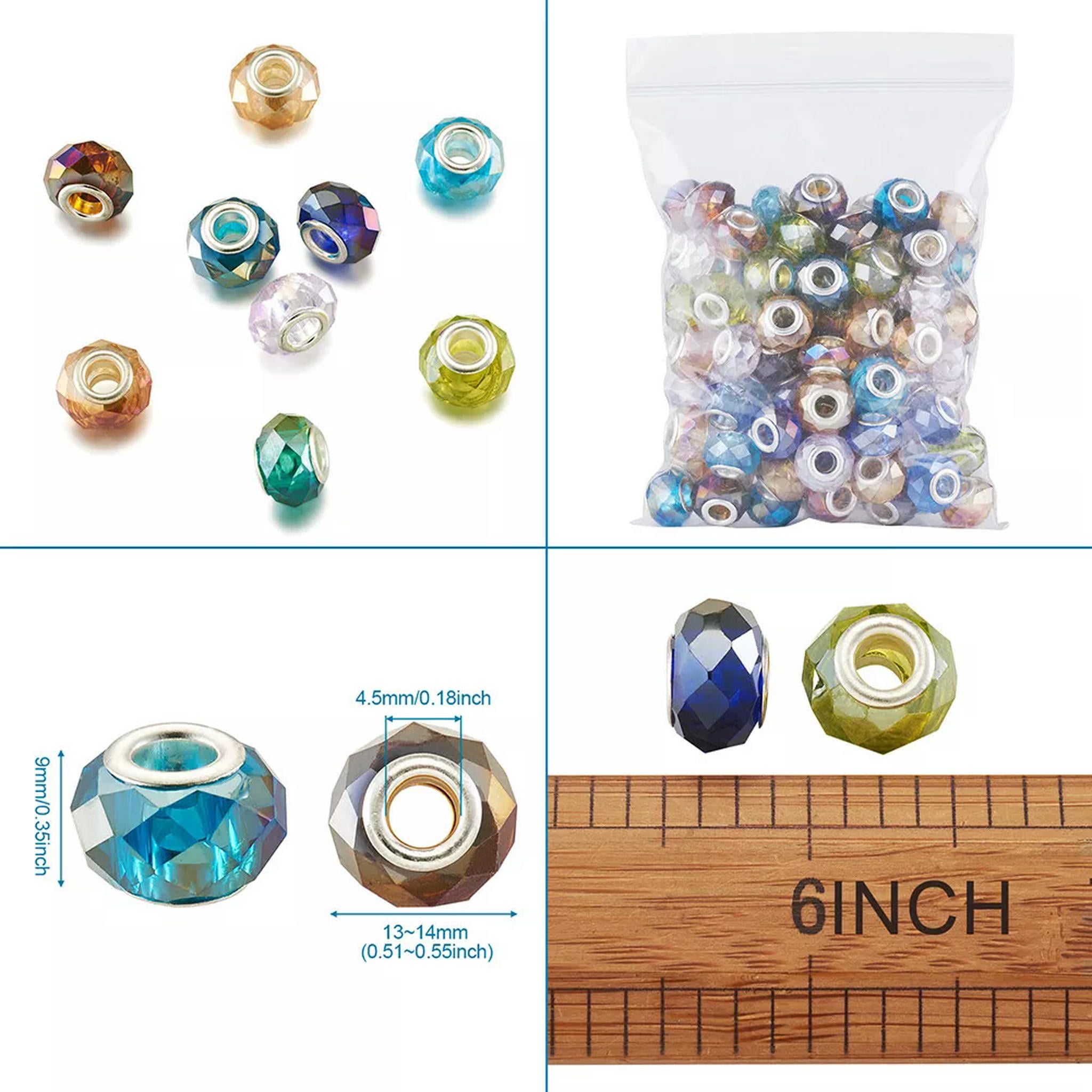 EOEMY 100Pcs Glass European Large Hole Faceted Rondelle Beads Spacer With Core 13~14mm