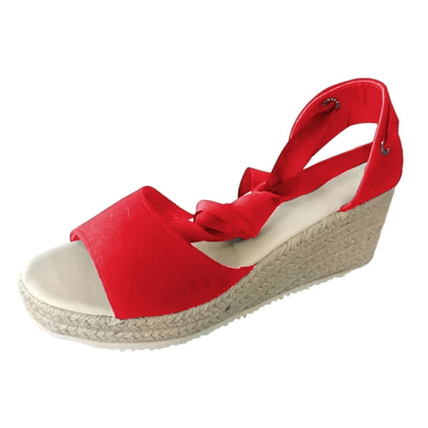 Bmisegm Women's Summer Fashion Cloth Strap Wedge Sandals Open Toe Fish Mouth Light Sandals Womens Sandals Summer Red 8
