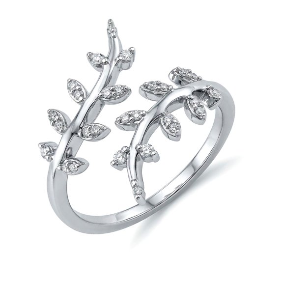 Charmsy Cubic Zirconia Leaf Open Ring for Women | Rhodium-Plated Adjustable Nature Inspired Wrap Ring