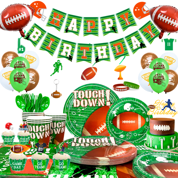 164Pcs Football Birthday Party Decor & Tableware Set, Comes with Banner, Tablecloth, Plates, Cups, Napkins, Silicone Bracelets and Balloons, All-in-one Party Supplies Football Celebration