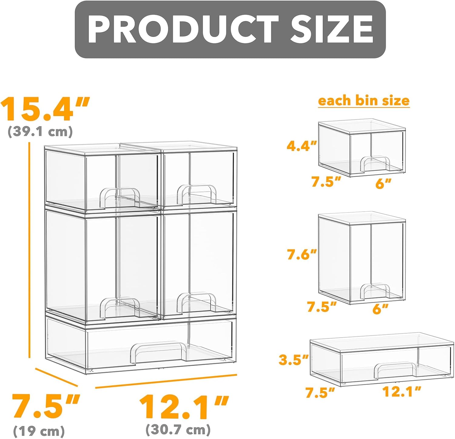 Bottle Storage Organizer Baby - Acrylic Bottles Station Organizer Container, Stackable Clear Drawers for Countertop, Vanity, Bathroom, Cabinet, Pantry Organization, 5 Pack, 2S2M1L, 15.4" H