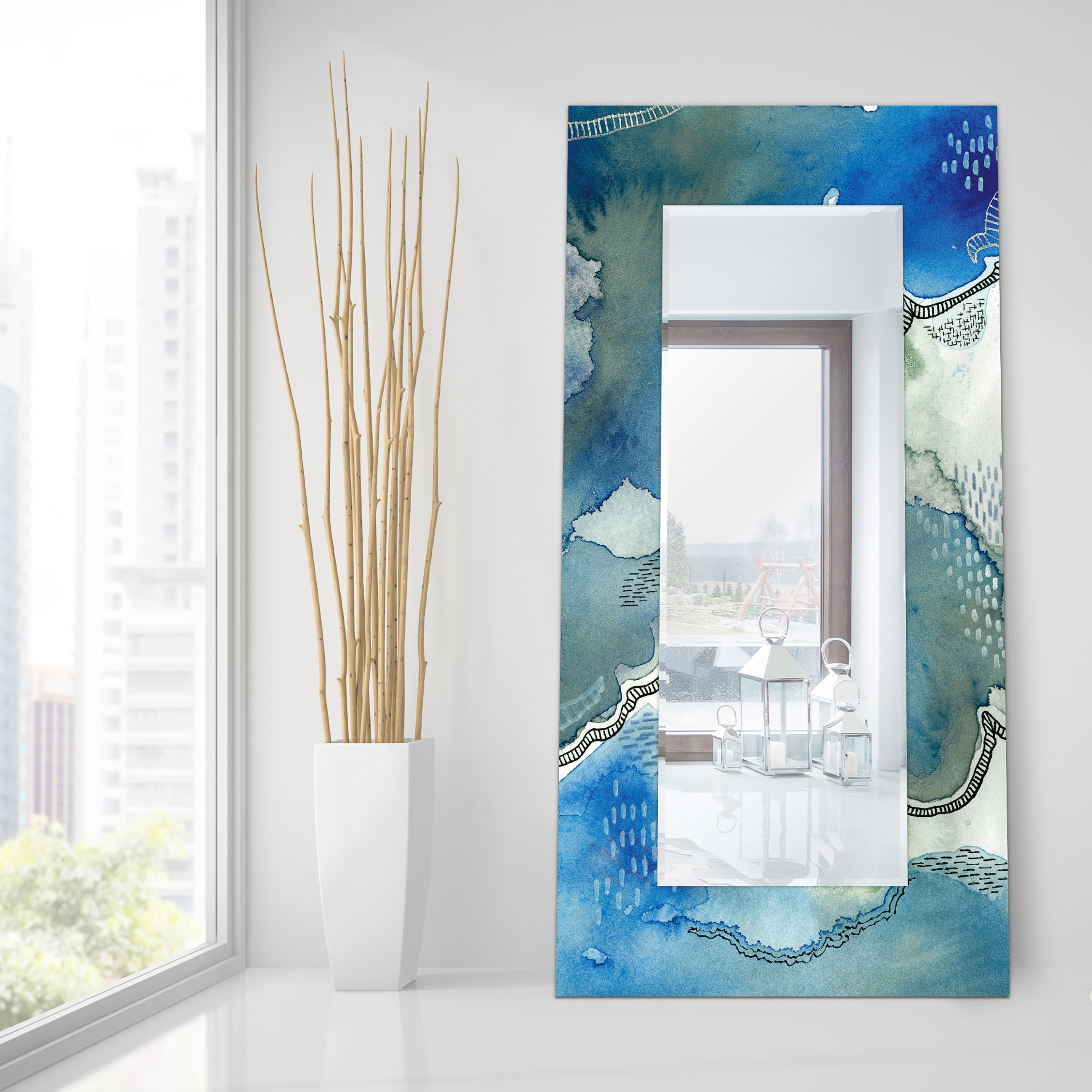 Empire Art Direct "Subtle Blue"Abstract Rectangular Beveled Wall Mirror on Free Floating Tempered Glass - Multi 72 x 36 Blue, Ivory