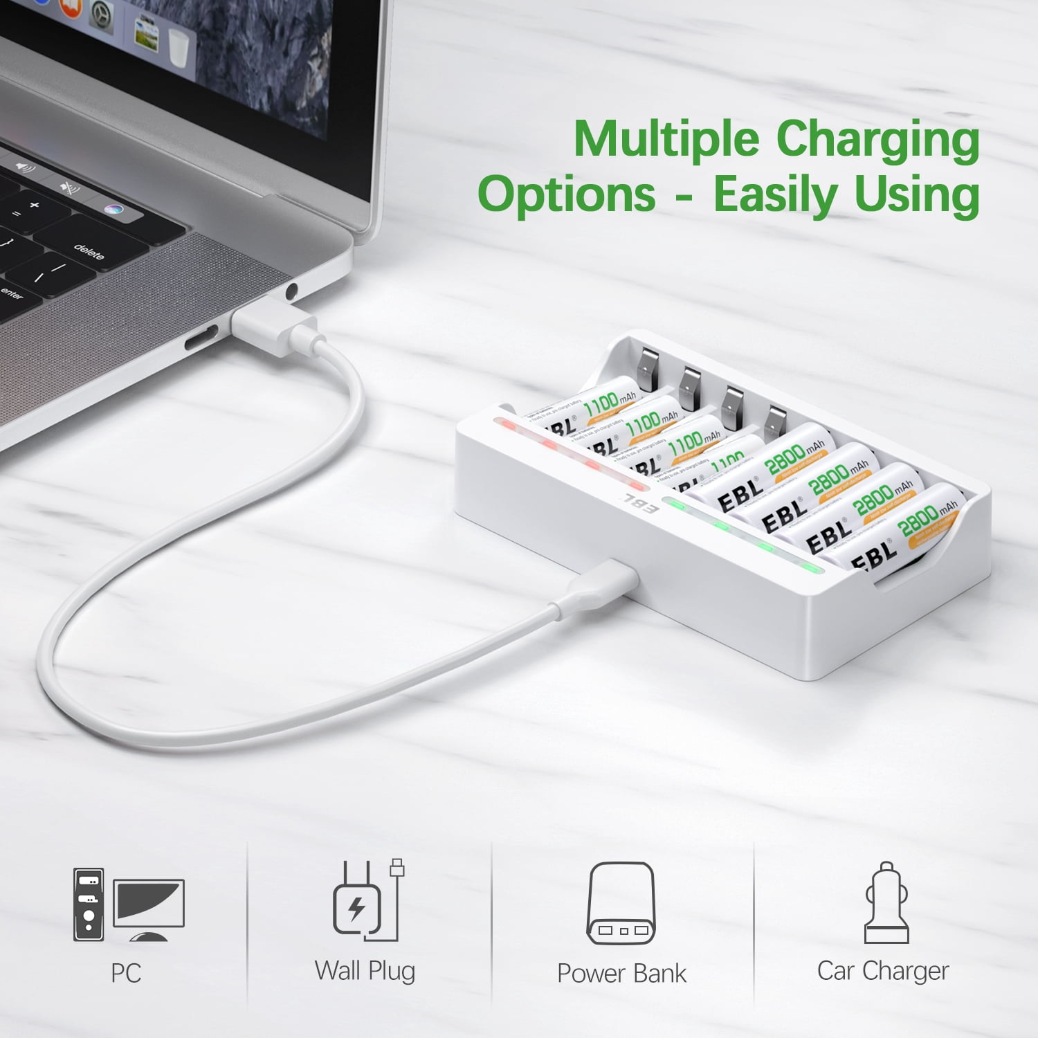 EBL (4 Pack) Rechargeable AA Batteries 2800mAh and (4 Pack) AAA Ni-MH 1100mAh Rechargeable Batteries with 8-Bay Individual Battery Charger