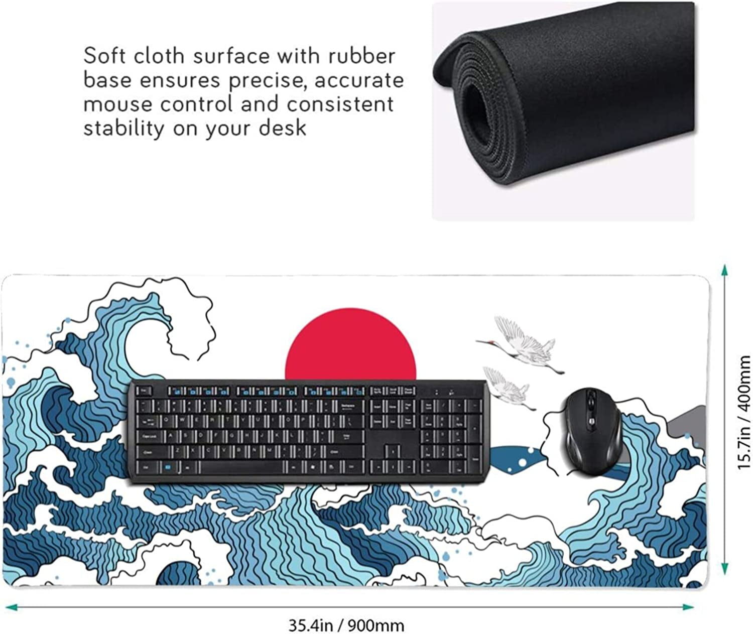 Japanese White and Blue Wave Mouse Pad 35.4 X 15.7 Inch Crane Hill Red Sun Extended Large Cool Mouse Mat Non-Slip Rubber Base Mousepad with Stitched Edges Waterproof Desk Pad for Gaming&Home Office,XL