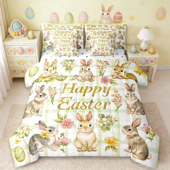 Erosebridal Happy Easter Rabbit 7-Piece Twin Bedding Sets,Retro Watercolor Easter Eggs Bedding Comforter Set For Girls Kids Reversible