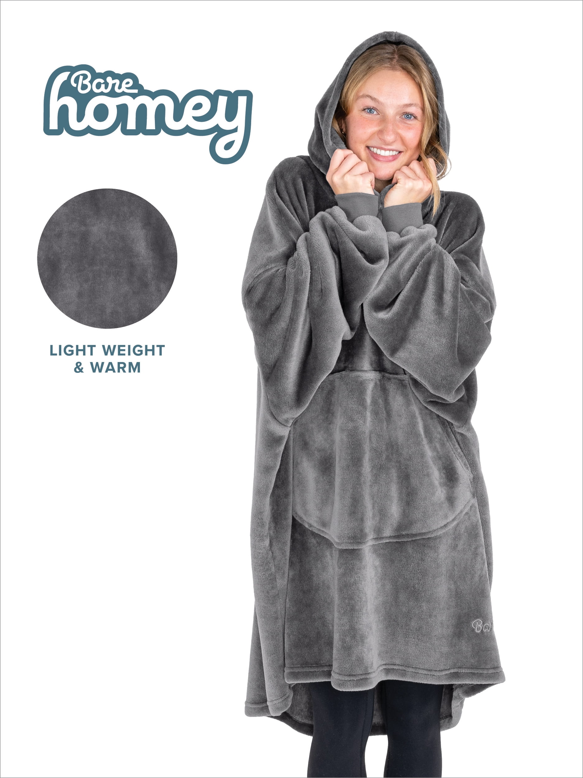 Bare Homey Adult Size Microplush Wearable Blanket, Round Trapezoid Pocket, Gray