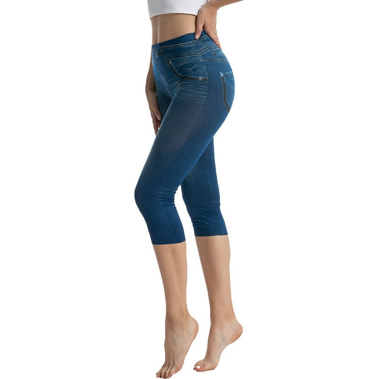Fangasis Women Denim Print Leggings High Waist Look Jeggings Butt Lifting  Fake Jeans Ladies Stretch Bottoms Full Length Running Trousers Blue-7  Points