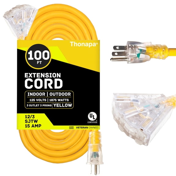 Thonapa 3 Outlet Lighted Outdoor Extension Cord 100 ft - 12 Gauge 15 Amp Heavy Duty Power Extension Cords - SJTW - Great for Major Appliances, Power Tools, Garden Supplies - Yellow