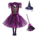 thumbnail image 2 of Girls Witch Dress with Hat, Broom & Tights – Glitter Tulle Princess Outfit for Halloween Party Dress-Up Play & Birthday (1#Purple/7-8 Years), 2 of 10