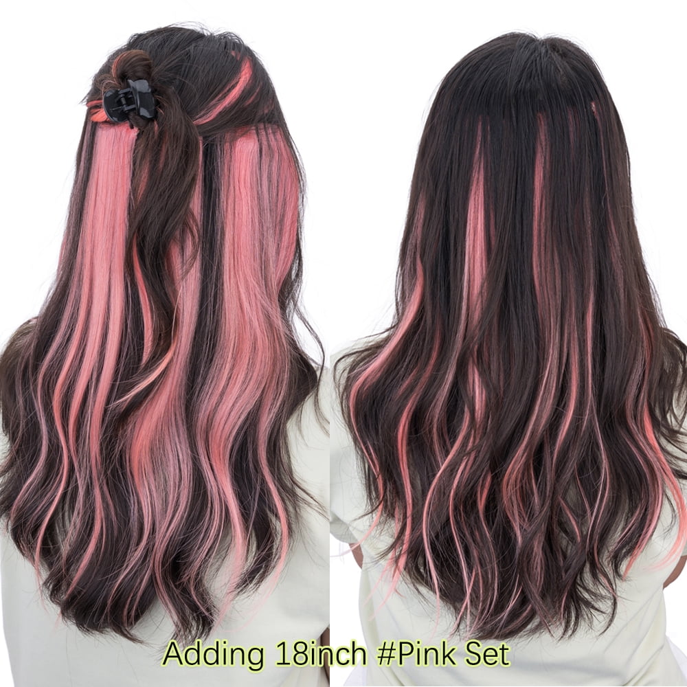 Benehair 6Pcs Pink Clip in Human Hair Extensions for Women, Straight Colored Hair Pieces with Secure Clips & Invisible Lace Weft, Real Human Hair Highlights for Daily Party Cosplay