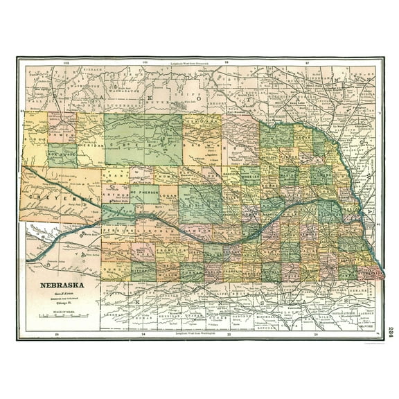 Historic State Map - Nebraska - Johnson 1888 - 29.09 x 23 - Vintage Wall Art