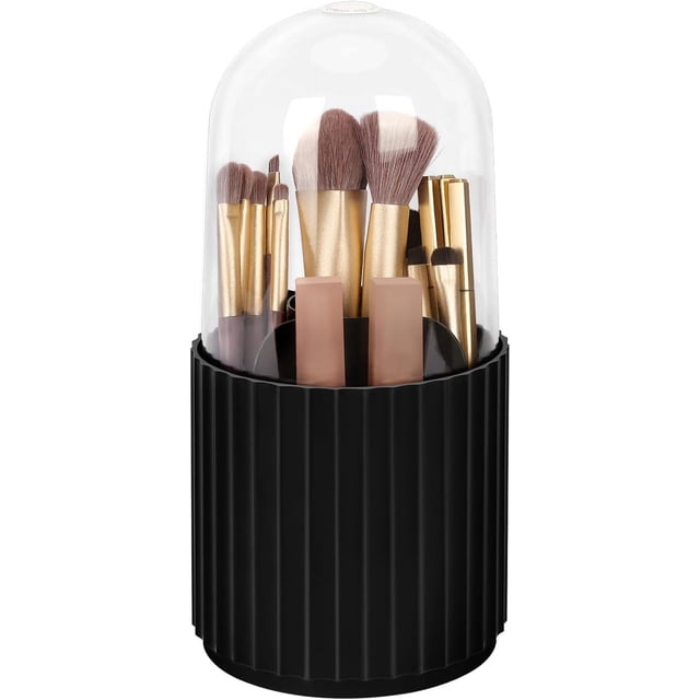 Organizador de brochas de maquillaje con tapa, organizador de brochas de maquillaje giratorio de 360 grados, caja de almacenamiento de brochas giratoria para cosméticos