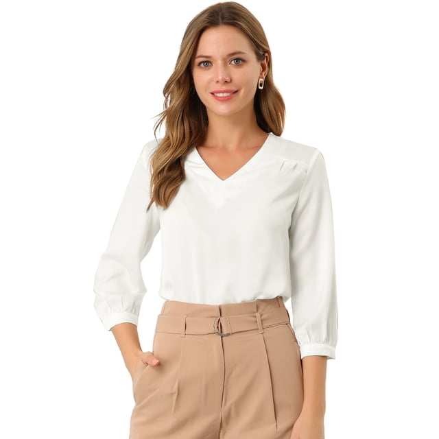 Blusa de satén para mujer Camisas informales sólidas con cuello en V de manga 3/4 blanco M