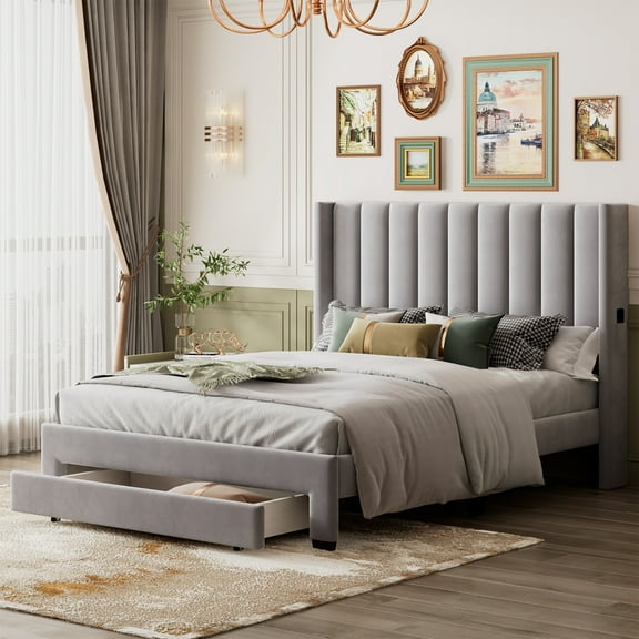 Leumius Queen Size Platform Bed with A Storage Drawer,Velvet Upholstered Bed Frame with Wingback Vertical Channel Tufted Headboard,Gray
