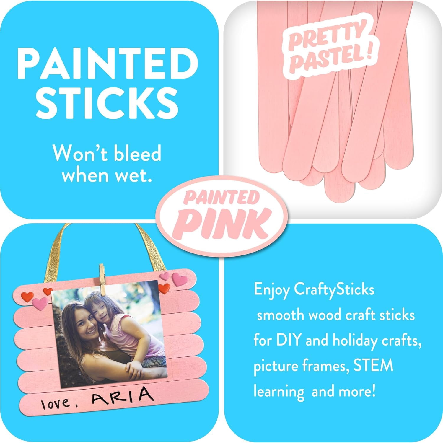 CraftySticks- 300 Pack 6 Inch Pastel Pink Painted Wood Craft Sticks, Jumbo Popsicle Sticks for Crafts, Learning and STEM Basics