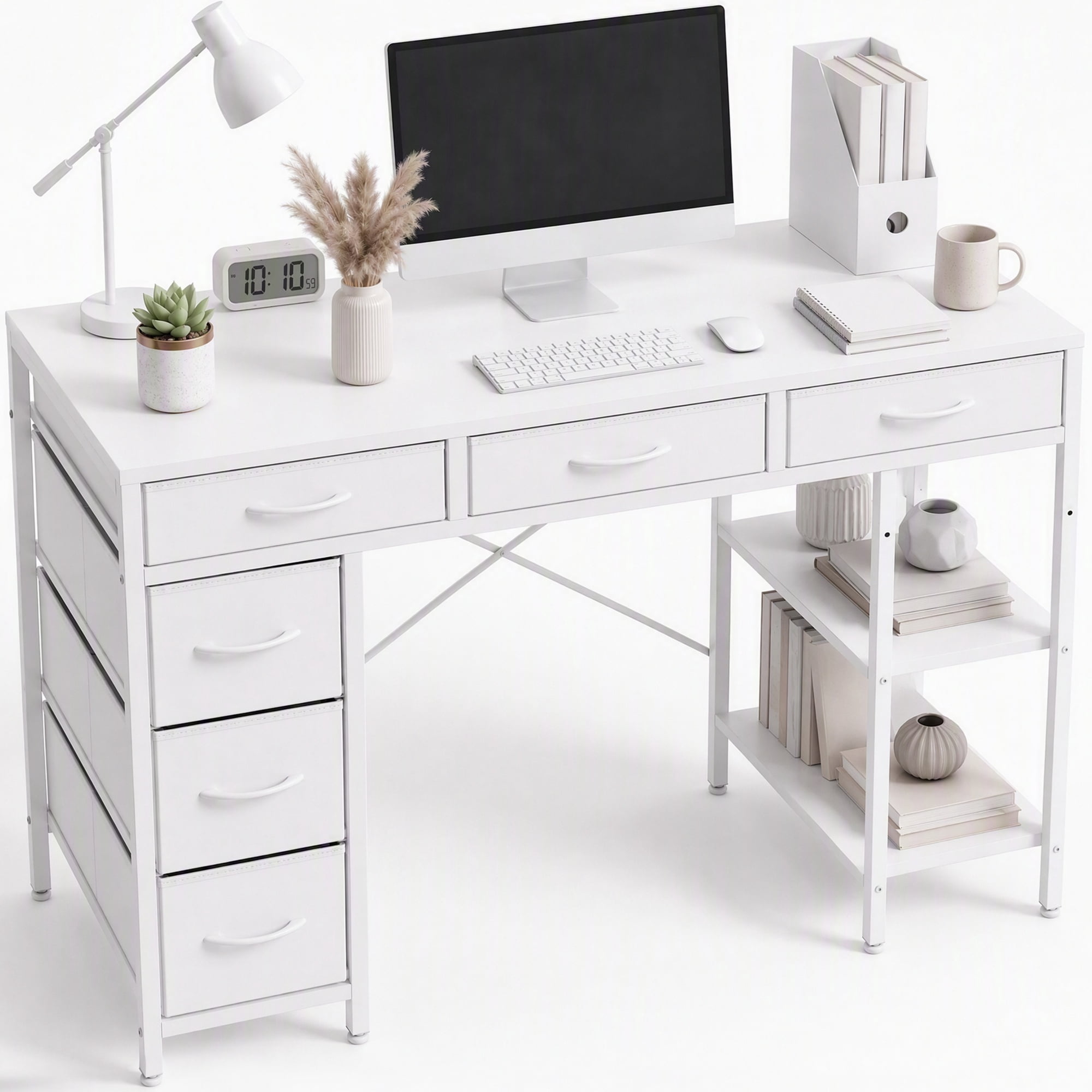 EDX 55 Inch Computer Desk with Fabric Drawers & Storage Shelves,Small Home Office Desk Study Table for Home office Bedroom,White