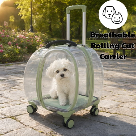 Breathable Rolling Cat Carrier with Wheels, Pet Travel Carrier with Telescopic Handle & Detachable Wheels, Portable Dog Carrier for Walking Travel