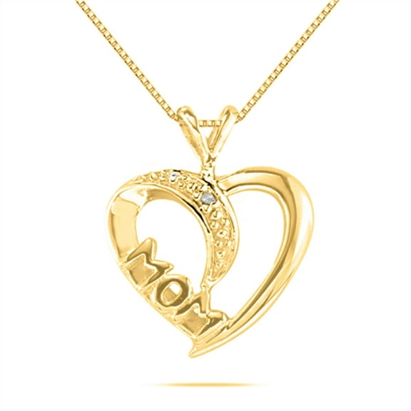 Aone Jewelry Engagement Necklace for Women 0.005 Carat Diamond and Mom Accented Heart Pendant prong 10K Yellow Gold With 18'' Yellow Rhodium Plated Silver Chain